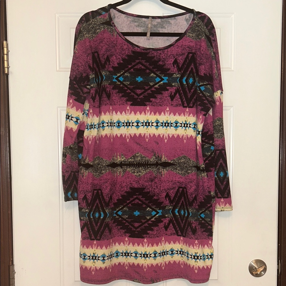 Red Lolly Aztec Pattern Tunic Dress M/L Multicolor Tribal Casual Aztec Geometric